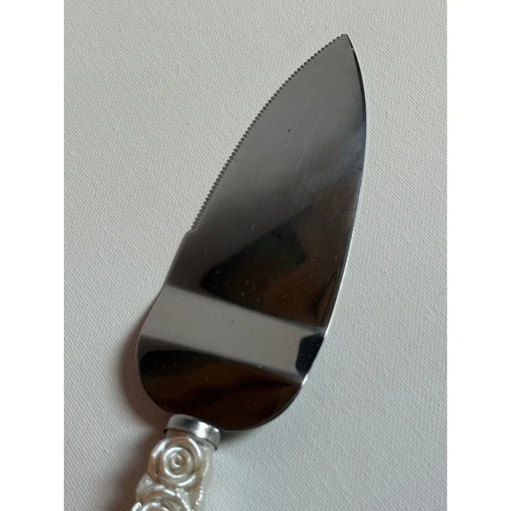 Vintage Rose Handle Stainless Steel Cake Server Pearlescent White Wedding Slicer